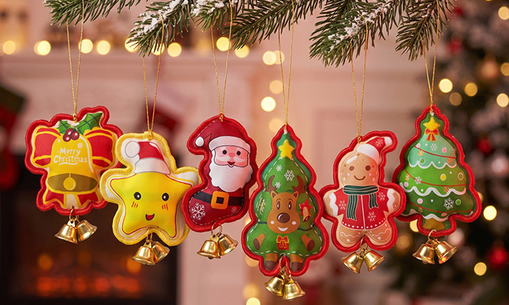 6 PCS Embroidered Padded Christmas Ornaments with Metal Jingle Bells
