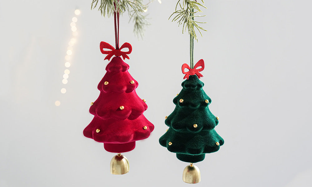 3PCS Flocked Christmas Tree Hanging Ornaments with Bell Pendants