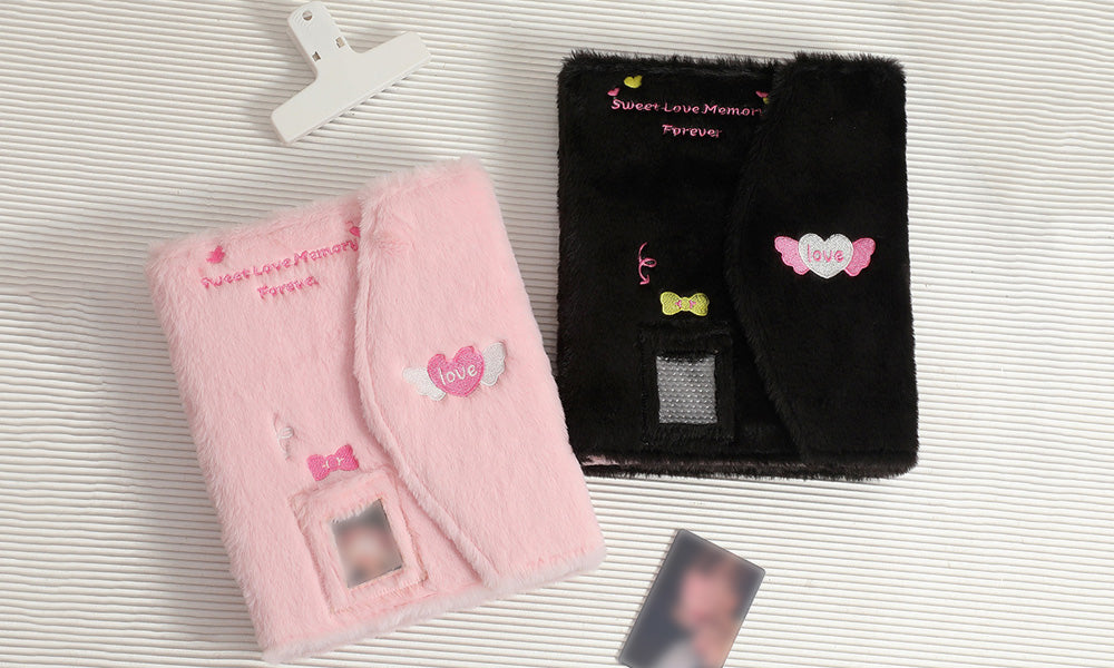 A5 Fluffy Embroidered 6-Ring Snap Closure Photo Album with 4-Pocket Card Pages