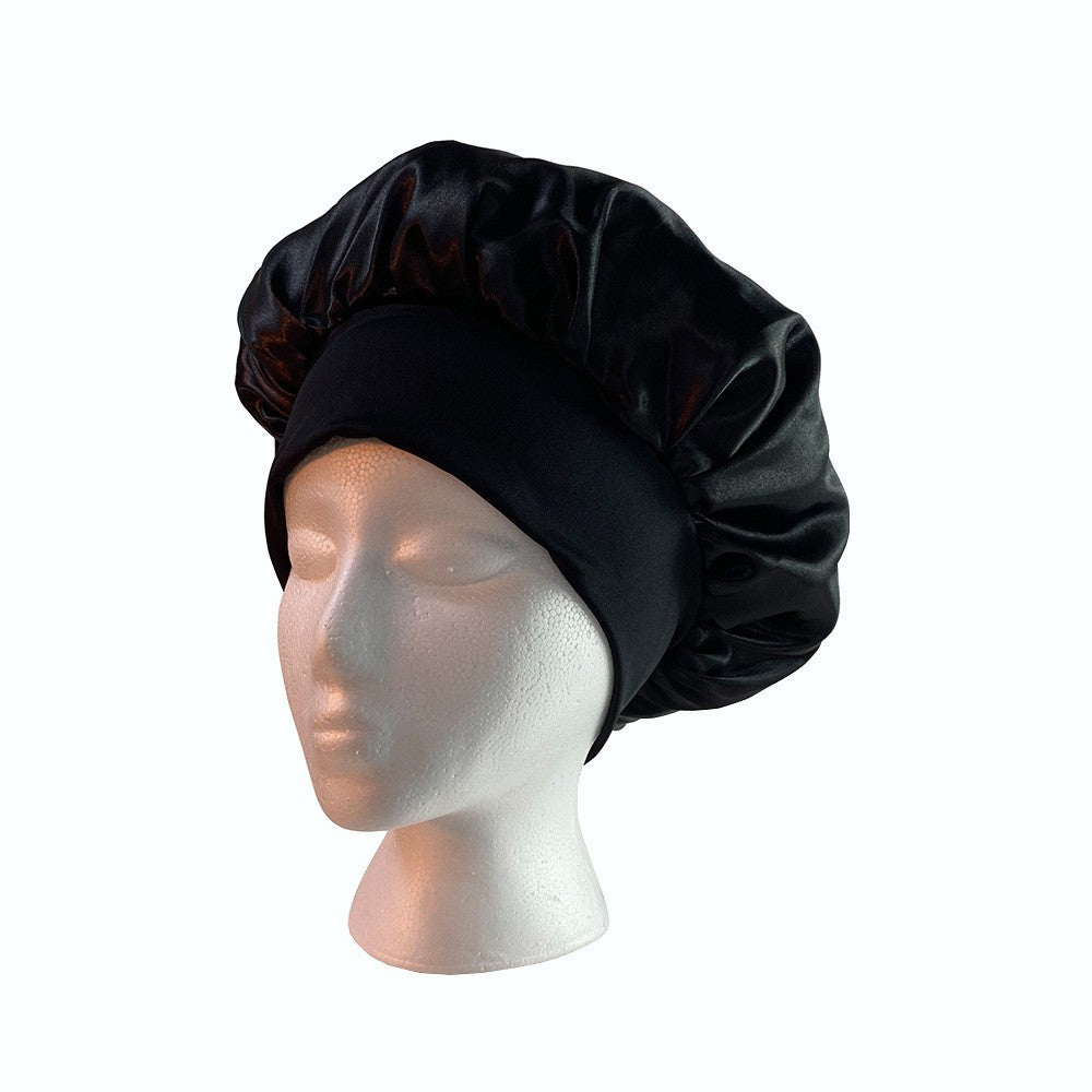 1Pc Women Satin Sleeping Cap Wrap Hair Bonnet Elastic Headwear - Black
