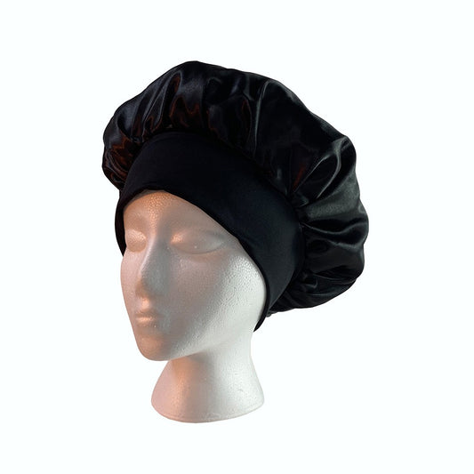 1Pc Women Satin Sleeping Cap Wrap Hair Bonnet Elastic Headwear - Black