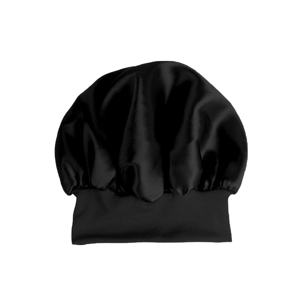 1Pc Women Satin Sleeping Cap Wrap Hair Bonnet Elastic Headwear - Black