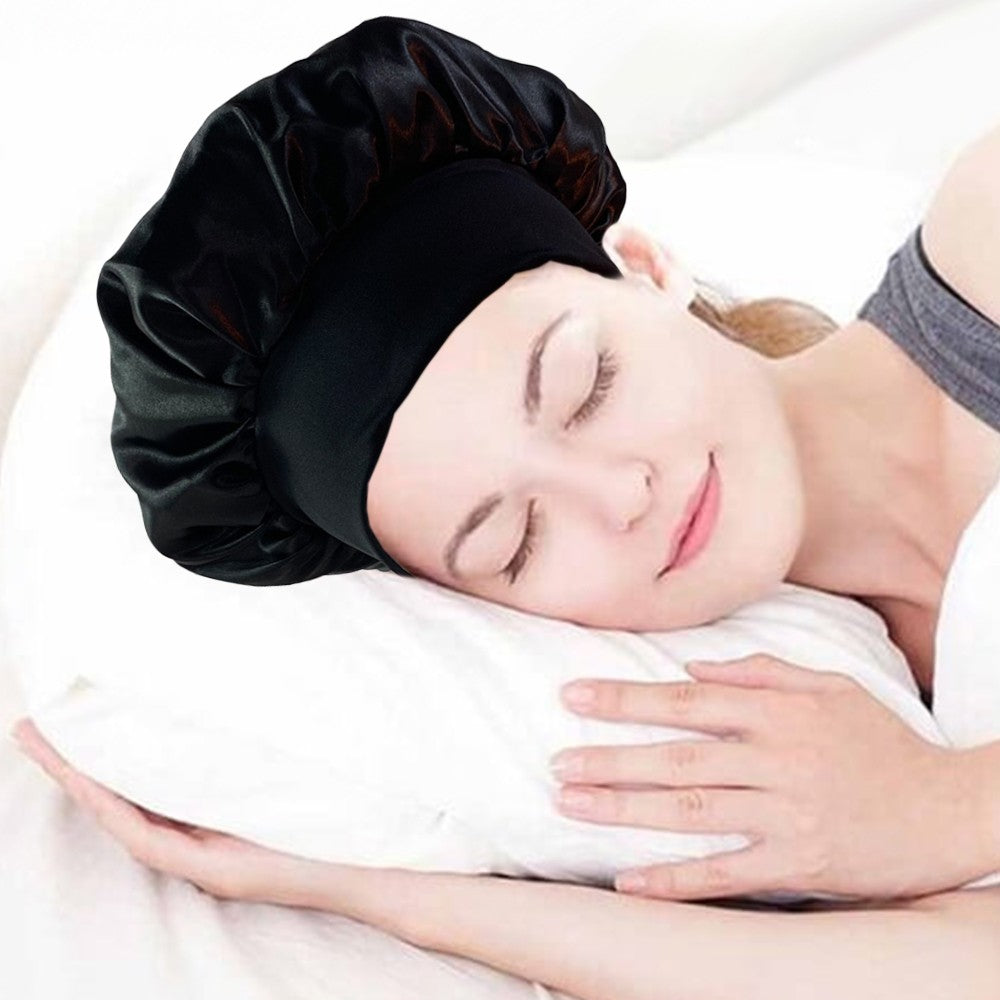 1Pc Women Satin Sleeping Cap Wrap Hair Bonnet Elastic Headwear - Black