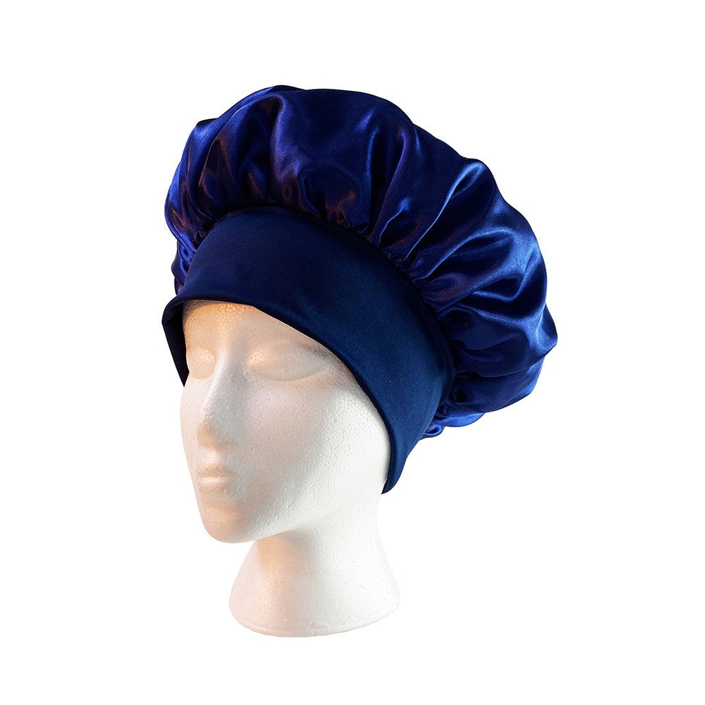 1Pc Women Satin Sleeping Cap Wrap Hair Bonnet Elastic Headwear - Navy Blue