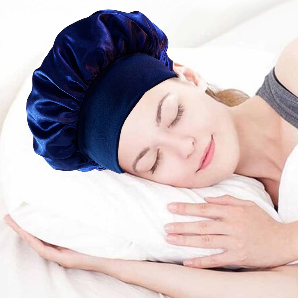 1Pc Women Satin Sleeping Cap Wrap Hair Bonnet Elastic Headwear - Navy Blue