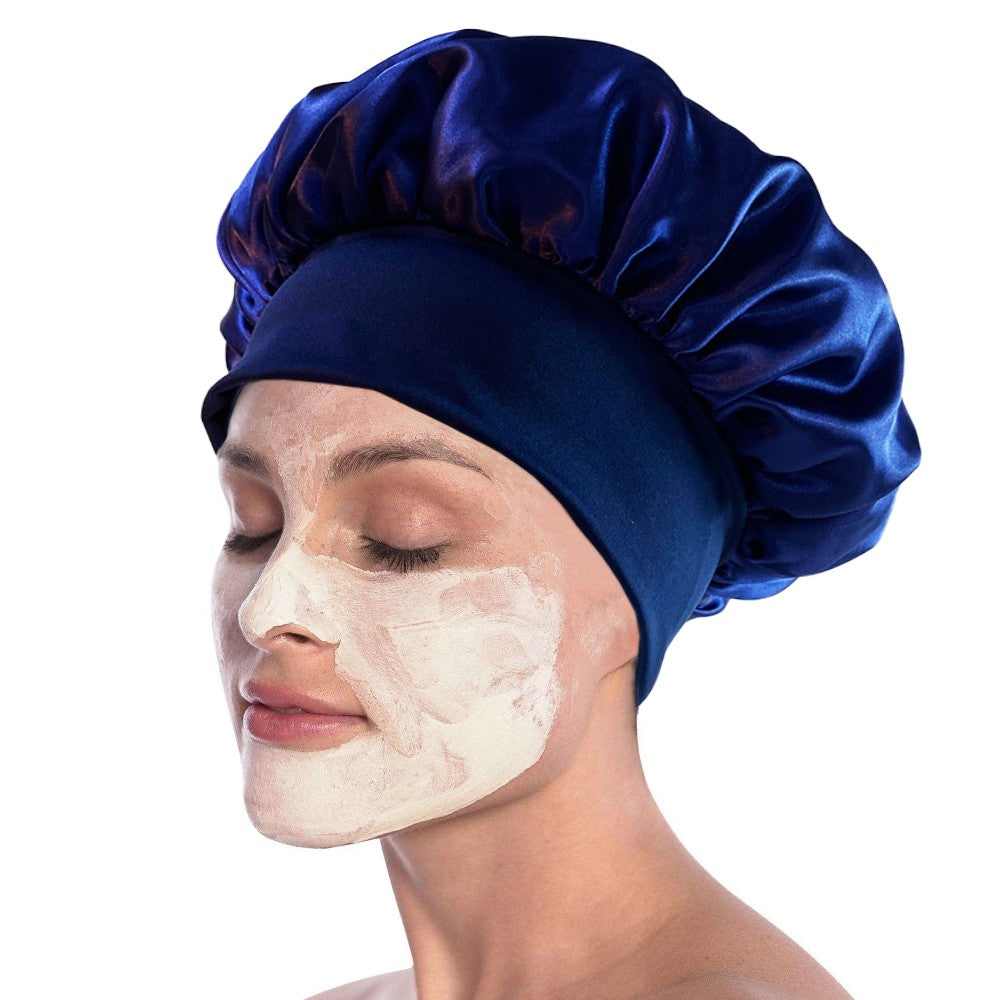 1Pc Women Satin Sleeping Cap Wrap Hair Bonnet Elastic Headwear - Navy Blue
