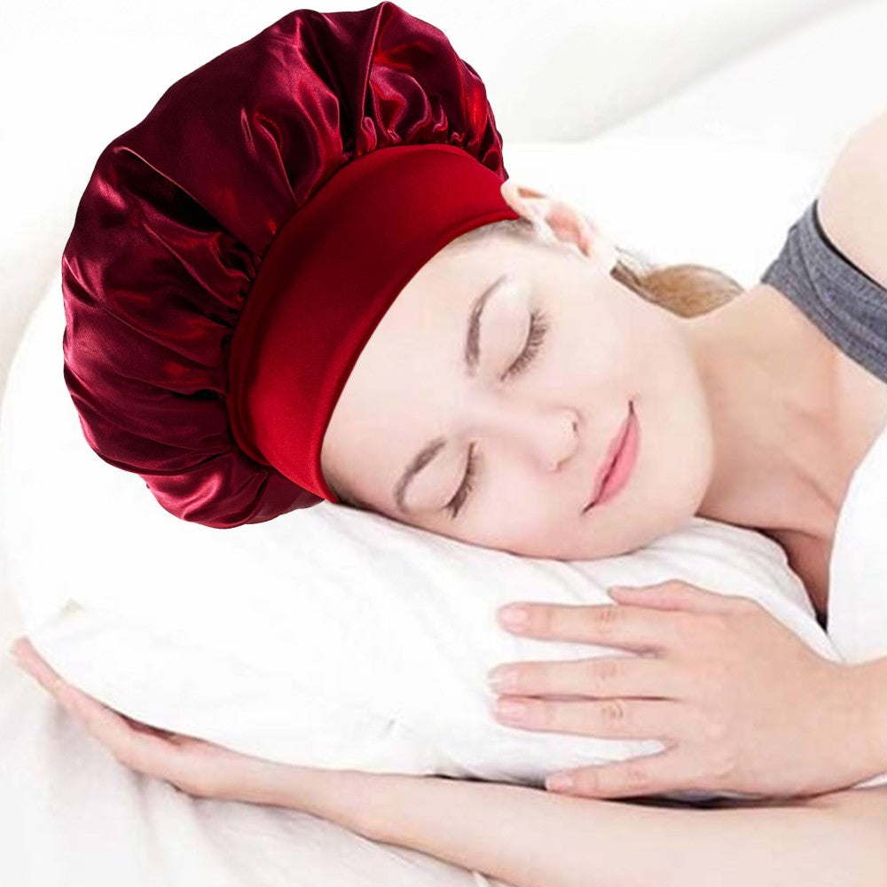1Pc Women Satin Sleeping Cap Wrap Hair Bonnet Elastic Headwear - Red