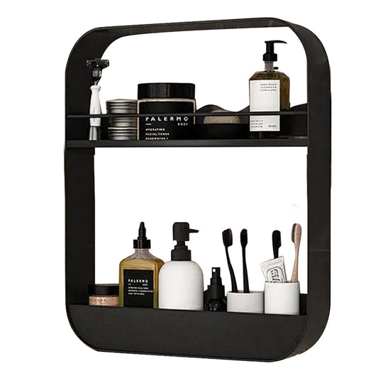 2-Tier Punch-Free Bathroom Wall Rack Wall-Mounted Cosmetics Storage Rack Hanging Shelves Black