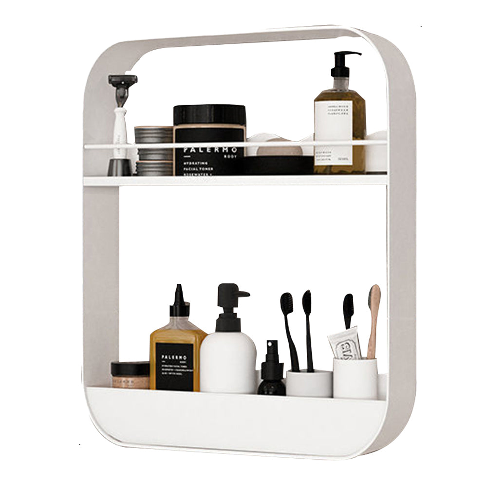 2-Tier Punch-Free Bathroom Wall Rack Wall-Mounted Cosmetics Storage Rack Hanging Shelves White