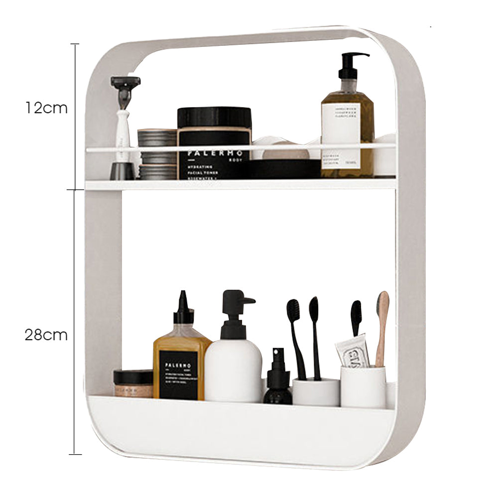 2-Tier Punch-Free Bathroom Wall Rack Wall-Mounted Cosmetics Storage Rack Hanging Shelves White