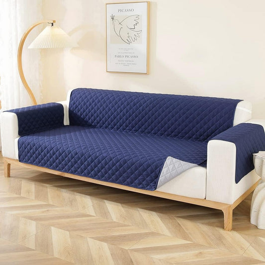 Reversible Water Resistant T-Shaped Sofa Cover Non Slip Couch Slipcover for 3-Seater Navy Blue