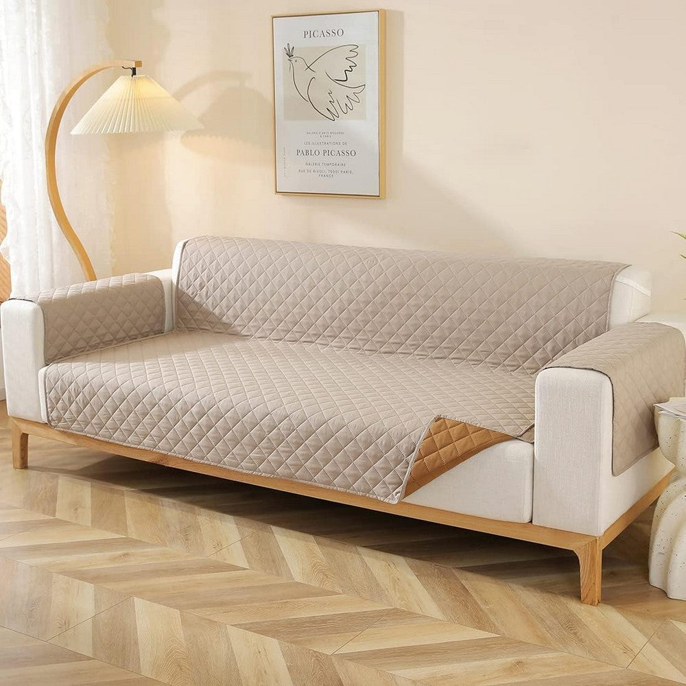 Reversible Water Resistant T-Shaped Sofa Cover Non Slip Couch Slipcover for 2-Seater Khaki