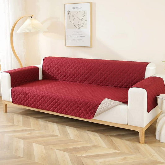 Reversible Water Resistant T-Shaped Sofa Cover Non Slip Couch Slipcover for 4-Seater Red