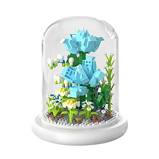 DIY Flower Building Block Kit with Dust Cover Home Ornament - Blue Enchantress