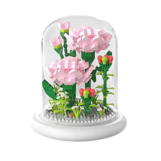 DIY Flower Building Block Kit with Dust Cover Home Ornament - Carnation