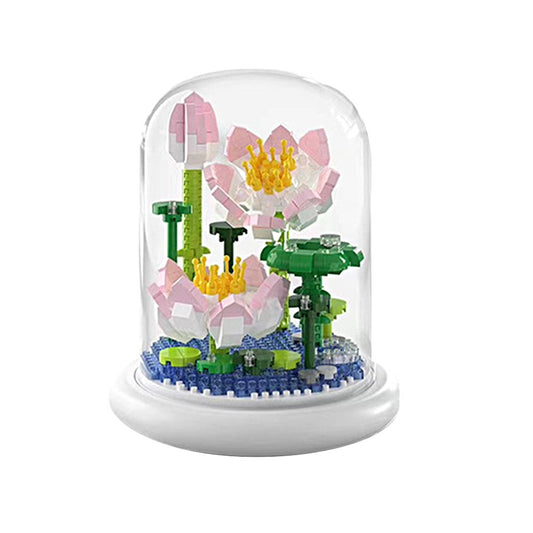 DIY Flower Building Block Kit with Dust Cover Home Ornament - Lotus