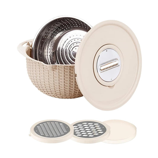 4-in-1 Rotatable Double-layer Colander Bowl Set with Lid and Slicer - Beige