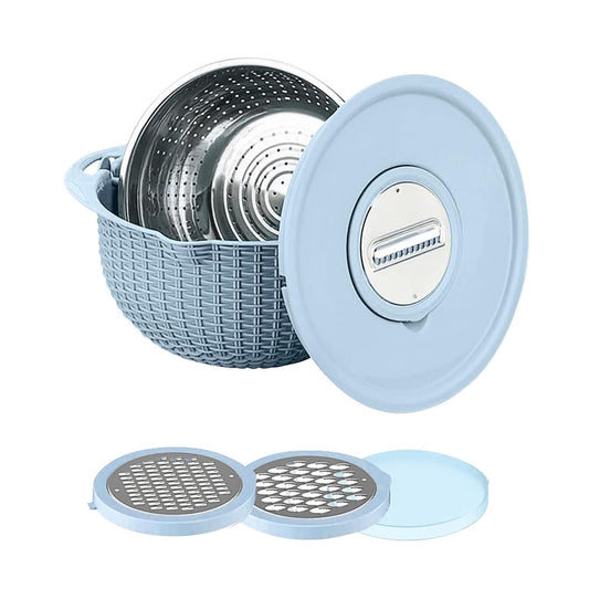 4-in-1 Rotatable Double-layer Colander Bowl Set with Lid and Slicer - Blue