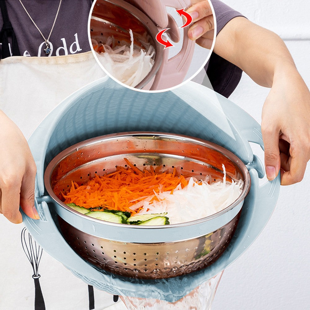 4-in-1 Rotatable Double-layer Colander Bowl Set with Lid and Slicer - Blue