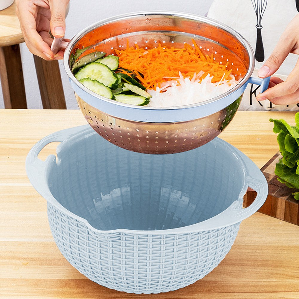 4-in-1 Rotatable Double-layer Colander Bowl Set with Lid and Slicer - Blue
