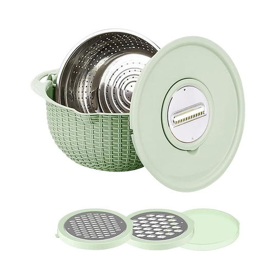 4-in-1 Rotatable Double-layer Colander Bowl Set with Lid and Slicer - Green