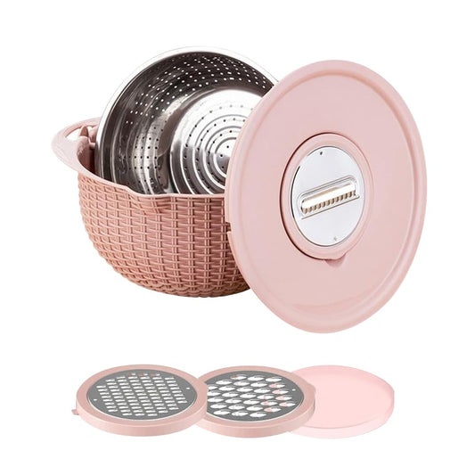 4-in-1 Rotatable Double-layer Colander Bowl Set with Lid and Slicer - Pink