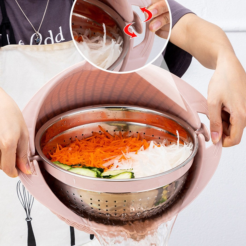 4-in-1 Rotatable Double-layer Colander Bowl Set with Lid and Slicer - Pink