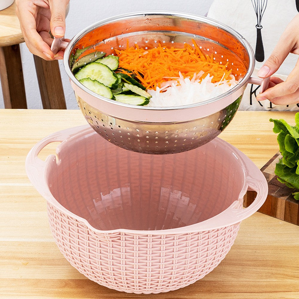 4-in-1 Rotatable Double-layer Colander Bowl Set with Lid and Slicer - Pink