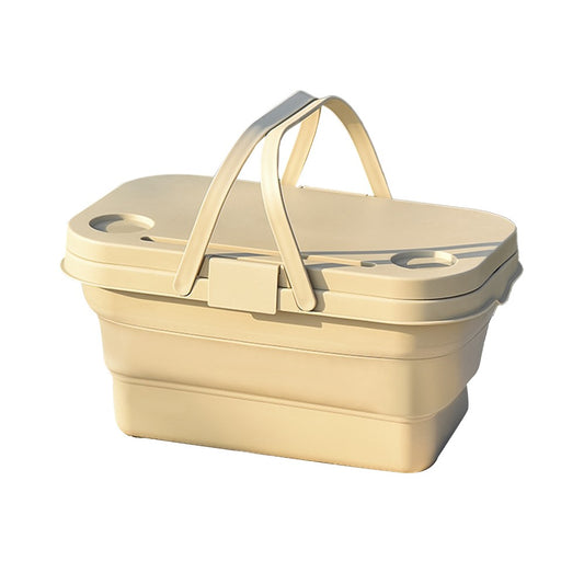 Collapsible Picnic Basket with Lid for Outdoor Camping - Beige