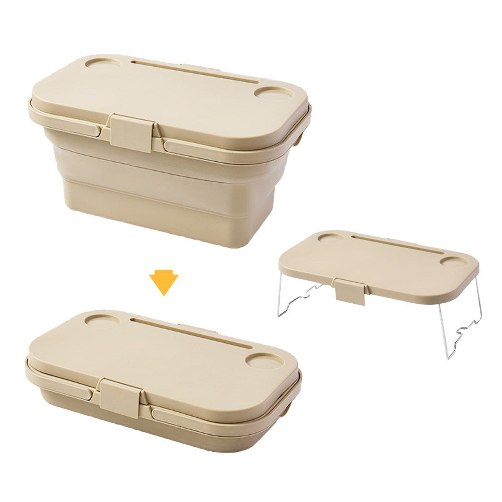 Collapsible Picnic Basket with Lid for Outdoor Camping - Beige