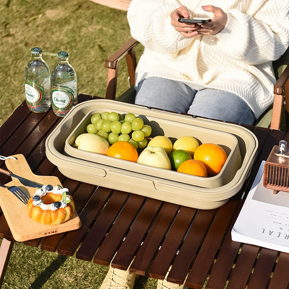 Collapsible Picnic Basket with Lid for Outdoor Camping - Beige