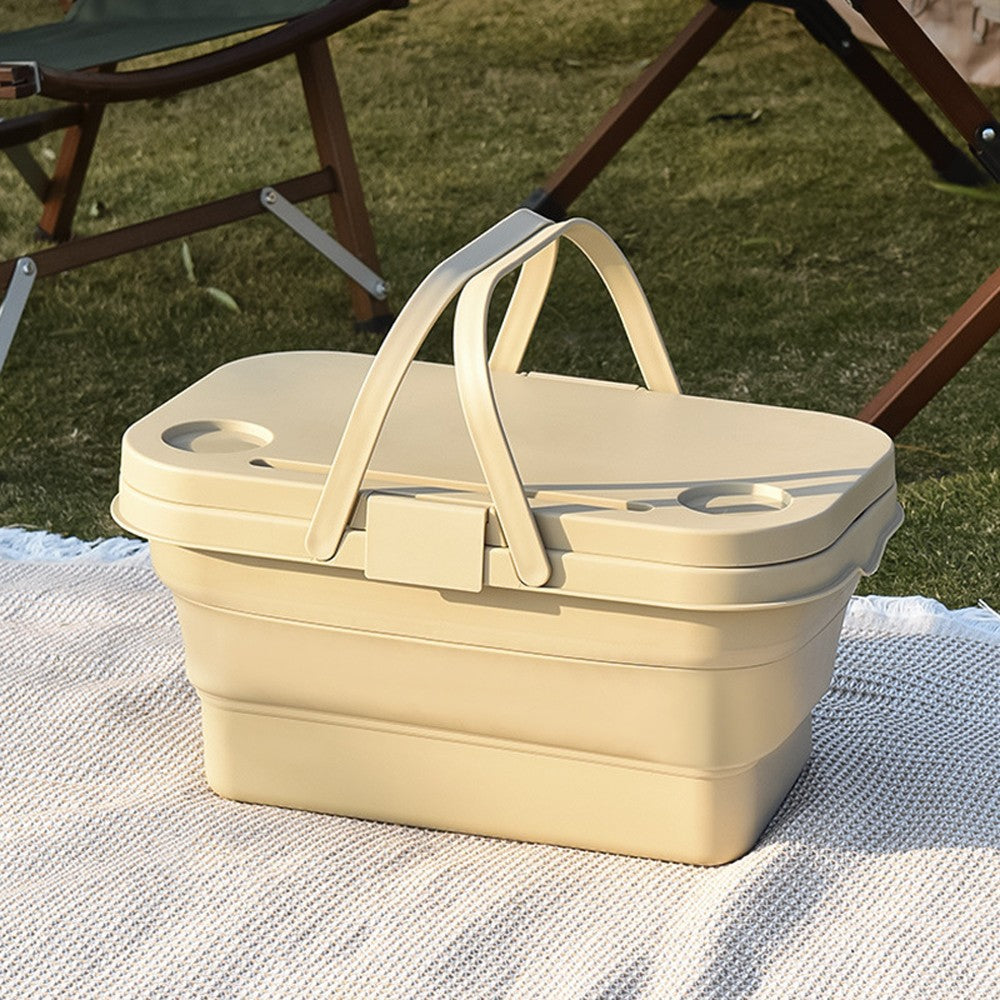 Collapsible Picnic Basket with Lid for Outdoor Camping - Beige