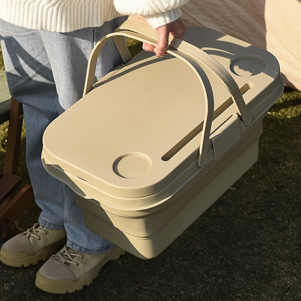 Collapsible Picnic Basket with Lid for Outdoor Camping - Beige