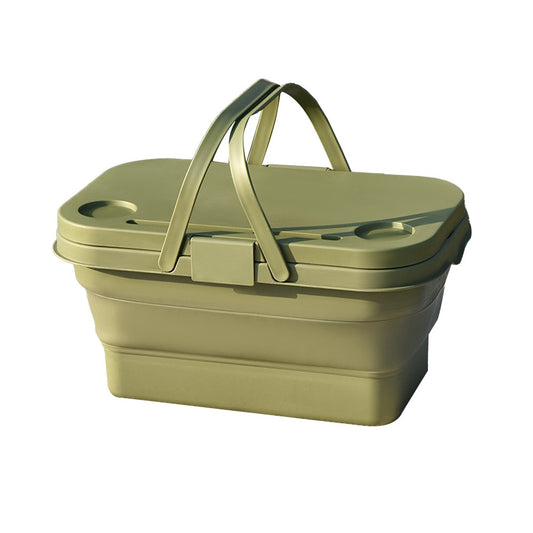 Collapsible Picnic Basket with Lid for Outdoor Camping - Green