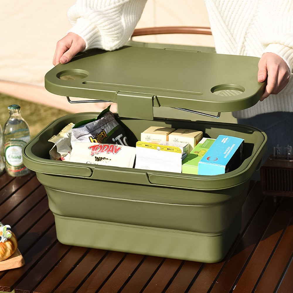 Collapsible Picnic Basket with Lid for Outdoor Camping - Green