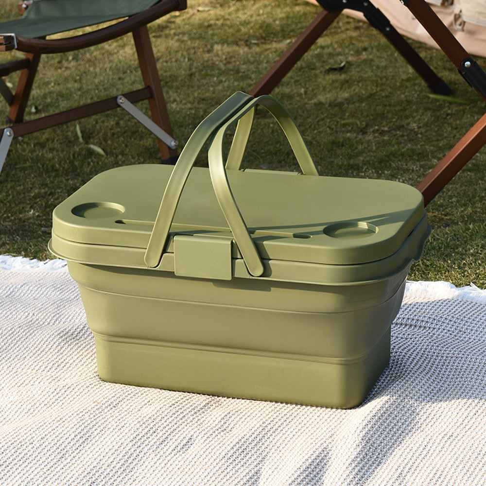 Collapsible Picnic Basket with Lid for Outdoor Camping - Green