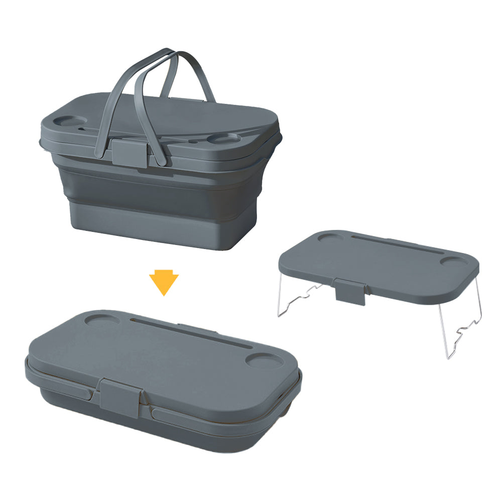 Collapsible Picnic Basket with Lid for Outdoor Camping - Grey