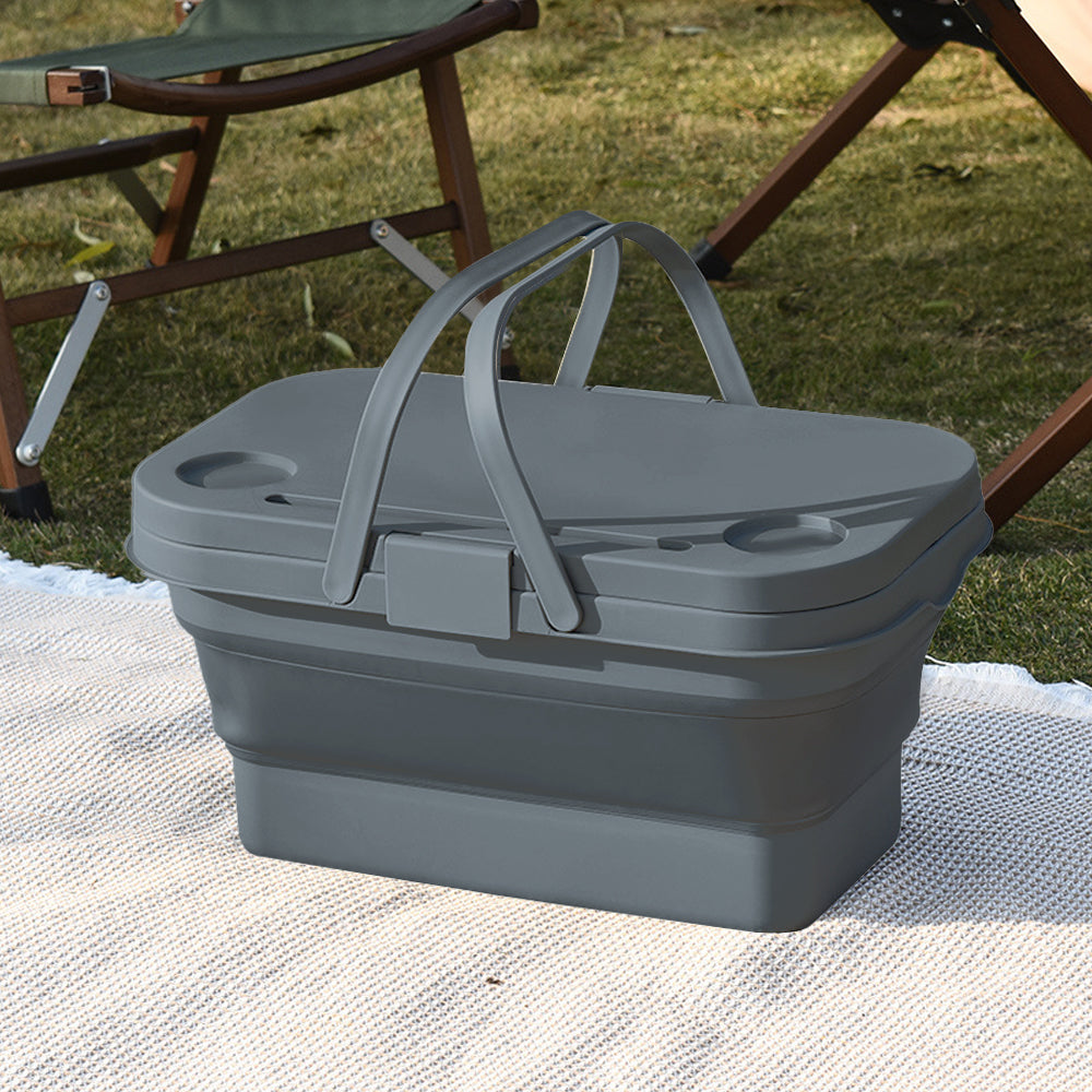 Collapsible Picnic Basket with Lid for Outdoor Camping - Grey