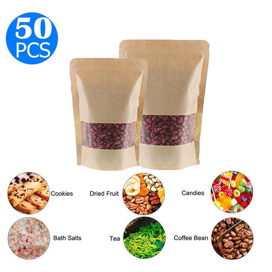 50Pcs Resealable Kraft Paper Visible Self Sealing Zip Lock Food Storage Pouch
