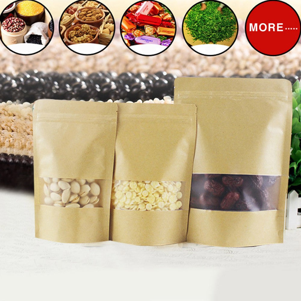 100Pcs 14x20cm Resealable Kraft Paper Visible Self Sealing Zip Lock Food Storage Pouch