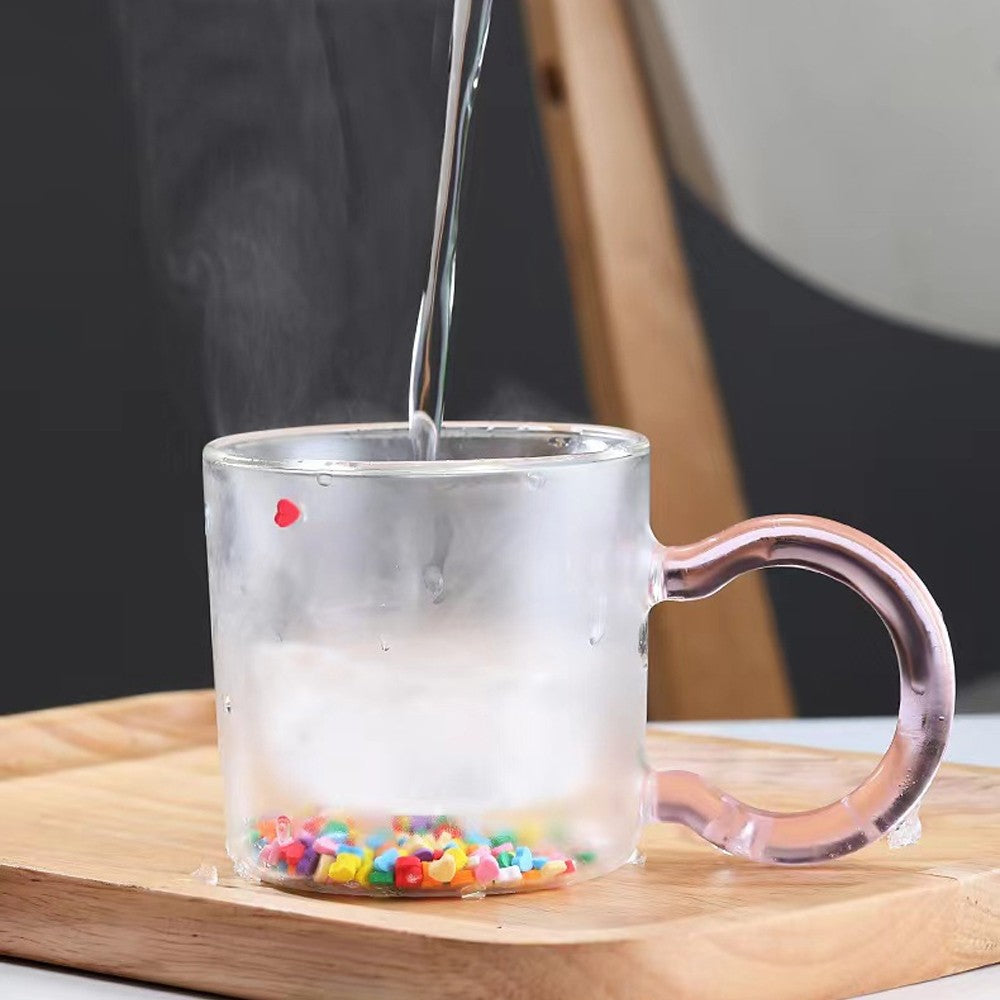 1Pc Double Wall Glass Cup Heat Insulated Coffee Tea Mugs - Pink Handle