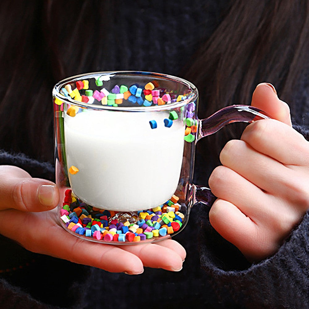 1Pc Double Wall Glass Cup Heat Insulated Coffee Tea Mugs - Pink Handle