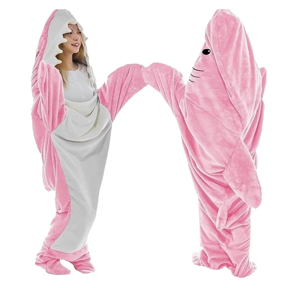 190cm Pink Shark Hoodie Blanket Flannel Hooded Blanket Wearable Throw Blanket