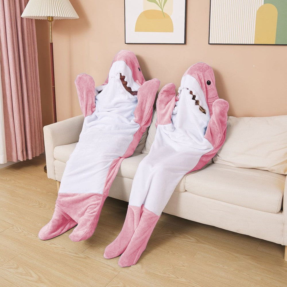 190cm Pink Shark Hoodie Blanket Flannel Hooded Blanket Wearable Throw Blanket