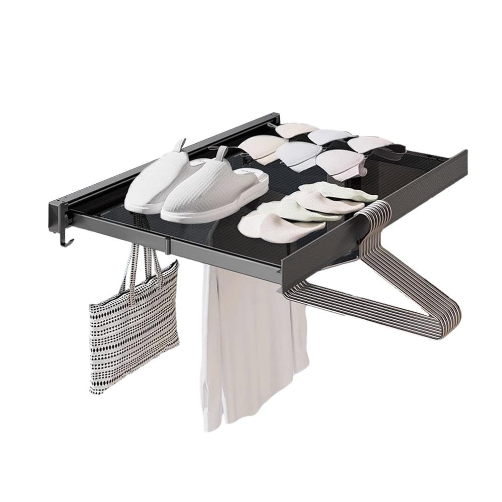 Wall Mounted Retractable Drying Rack Pull Out Laundry Rack with 6 Hooks - Grey