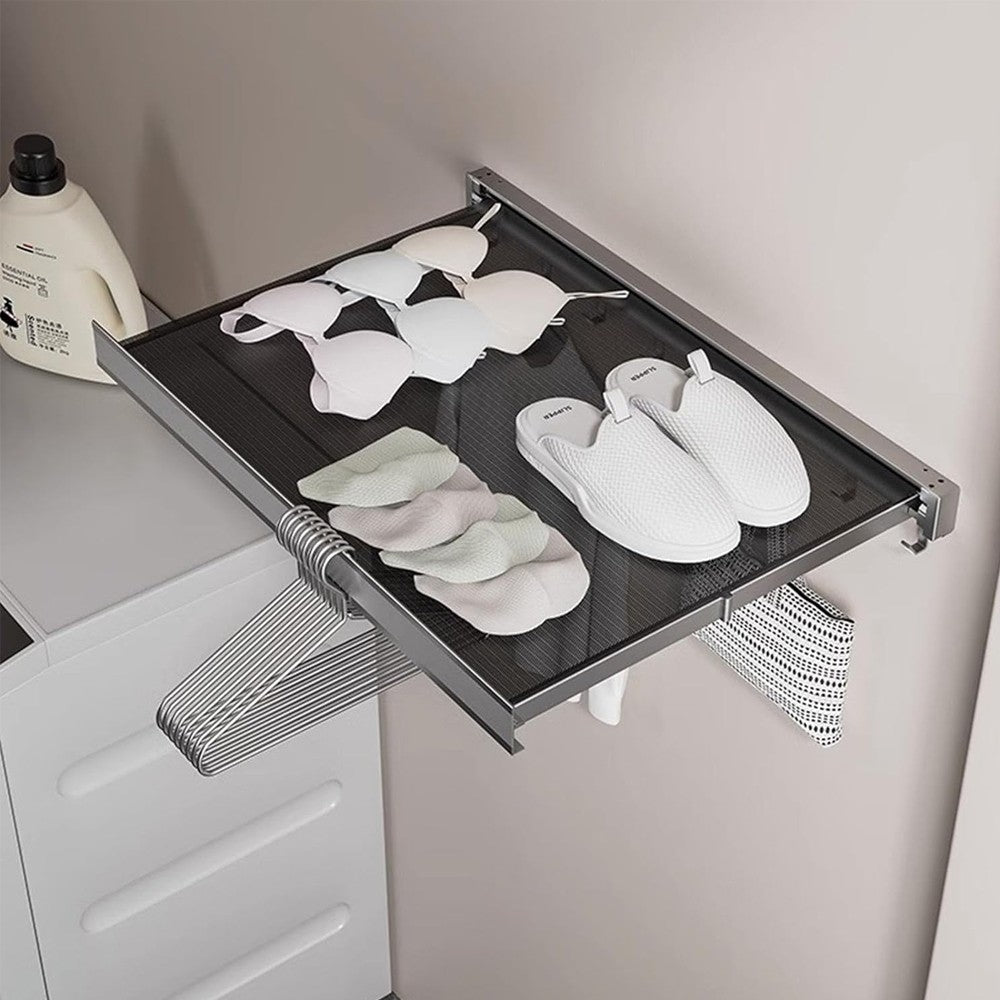 Wall Mounted Retractable Drying Rack Pull Out Laundry Rack with 6 Hooks - Grey