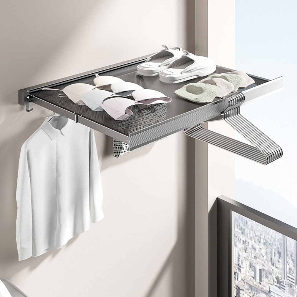 Wall Mounted Retractable Drying Rack Pull Out Laundry Rack with 6 Hooks - Grey