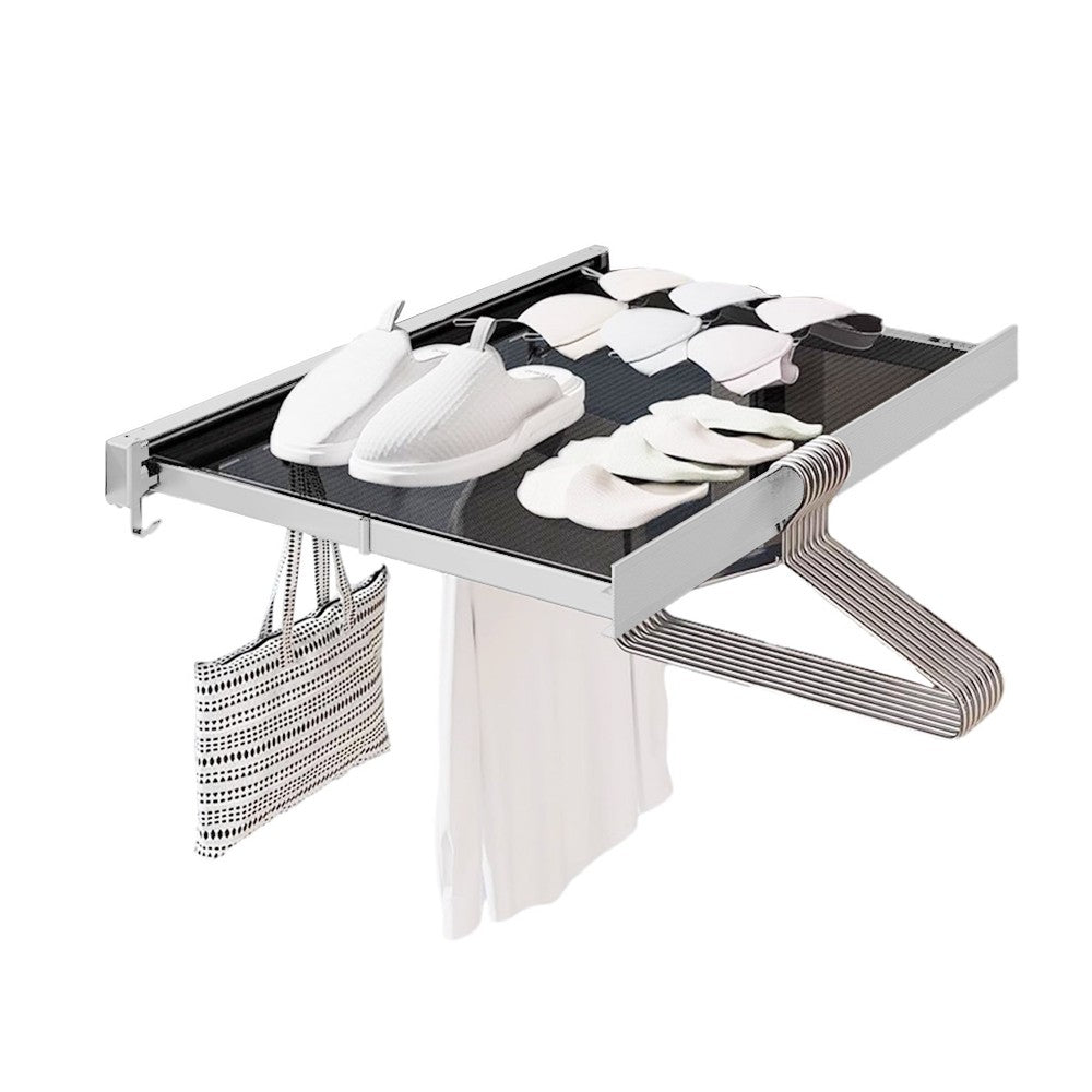 Wall Mounted Retractable Drying Rack Pull Out Laundry Rack with 6 Hooks - White