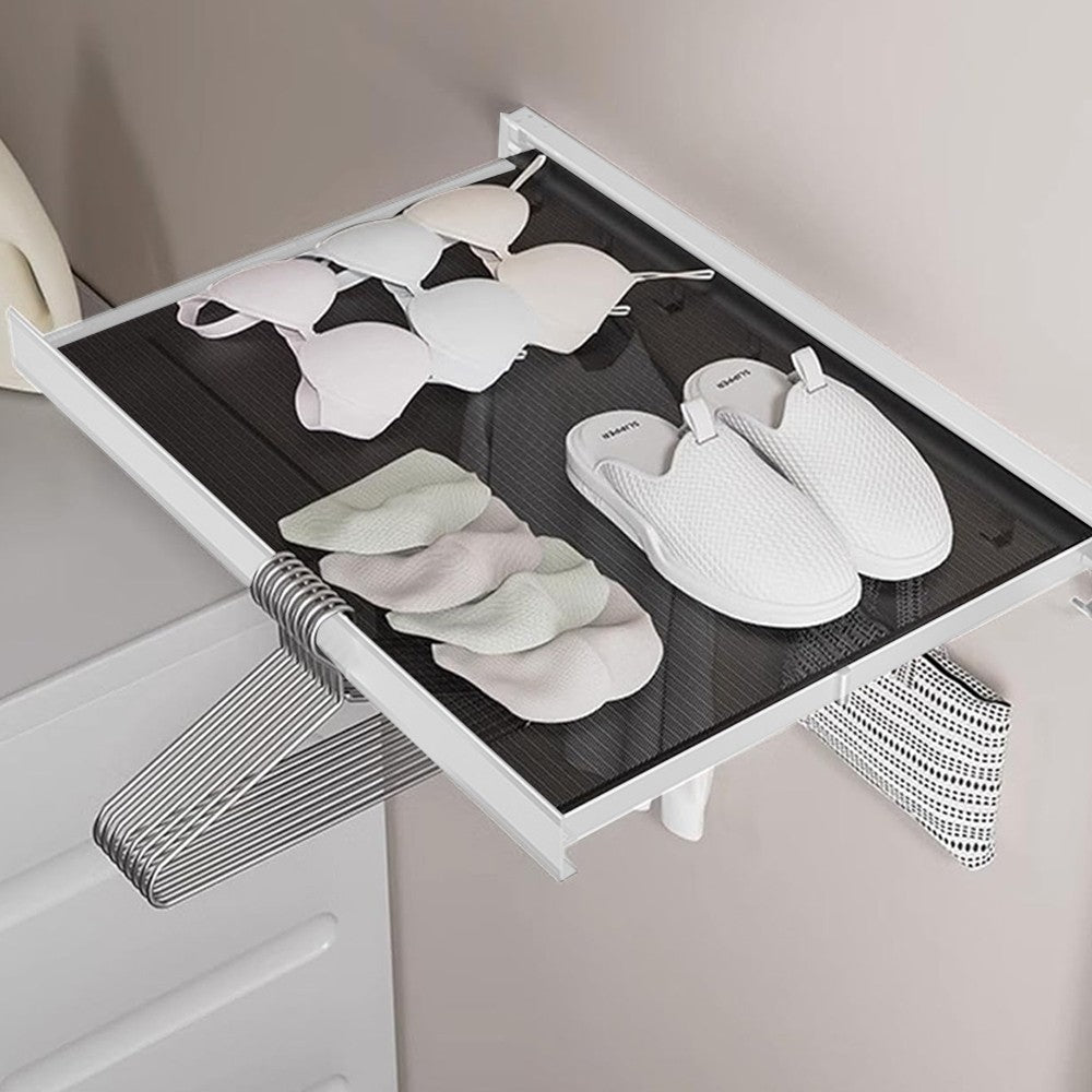 Wall Mounted Retractable Drying Rack Pull Out Laundry Rack with 6 Hooks - White