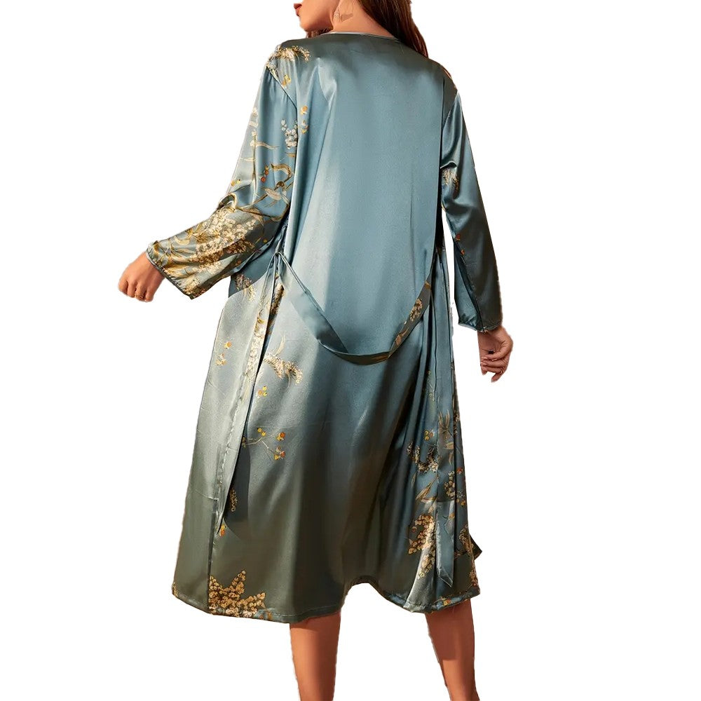 Floral Print Casual Night Robe Long Sleeve V Neck Sleep Robe - Dark Green